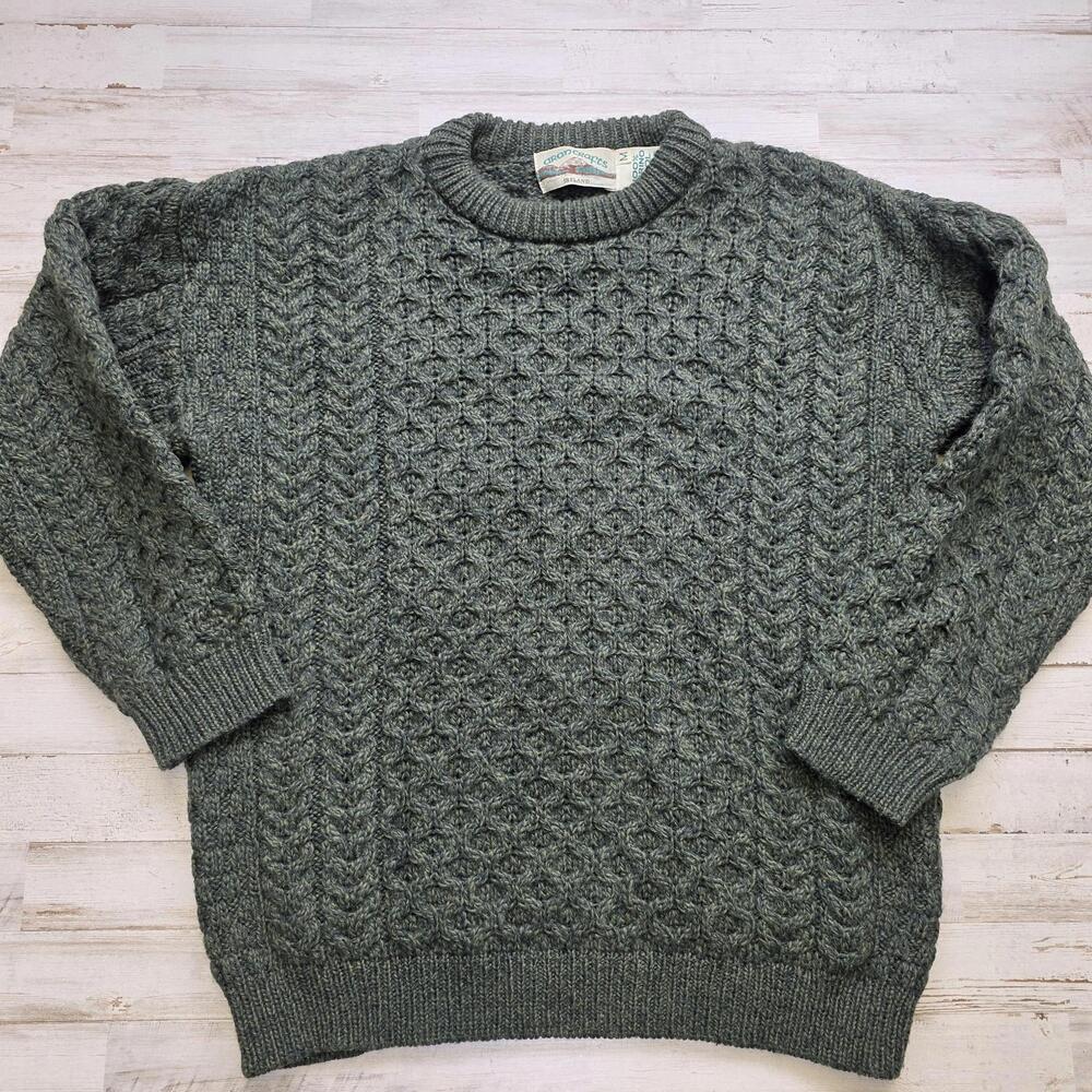 Irish Aran Crafts Chunky Knit Sweater Crew Neck Merino Wool Ireland - MED